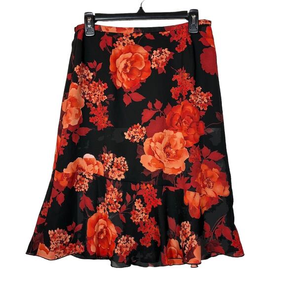 Semi Sheer Skirt Black Red Floral Double Layer Norton McNaughton 10 Flutter Hem - Picture 1 of 8